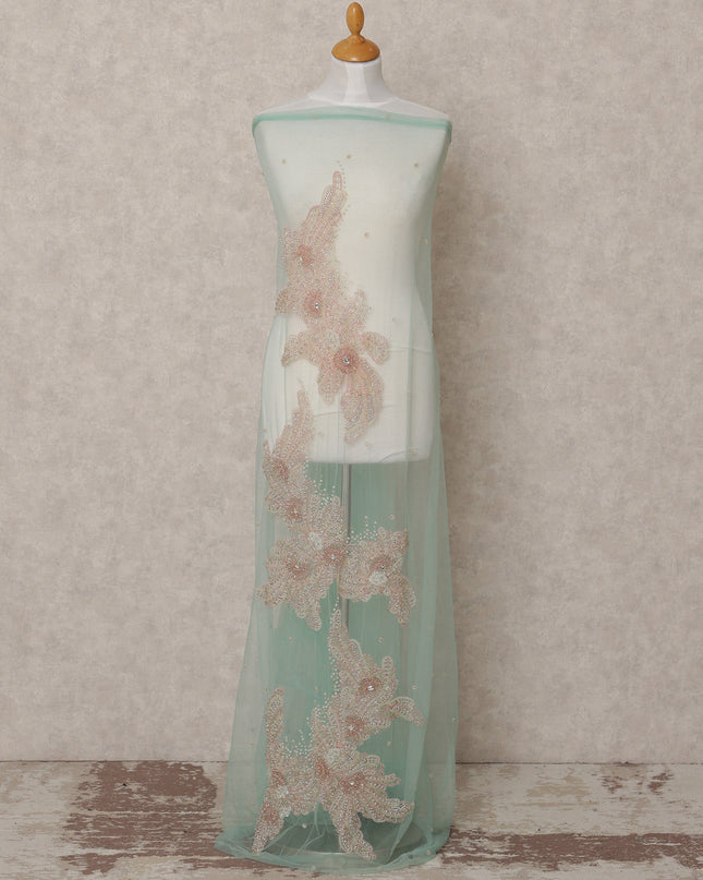 Pastel Mint Floral Sequin and Bead Embroidered Nylon Tulle Fabric, 140 cm Width, Made in India – 3 Meter for Fustaann Dress-D23521