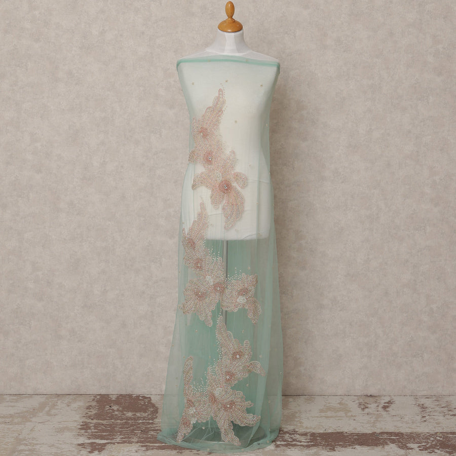 Pastel Mint Floral Sequin and Bead Embroidered Nylon Tulle Fabric, 140 cm Width, Made in India – 3 Meter for Fustaann Dress-D23521