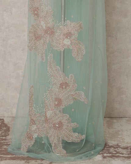 Pastel Mint Floral Sequin and Bead Embroidered Nylon Tulle Fabric, 140 cm Width, Made in India – 3 Meter for Fustaann Dress-D23521