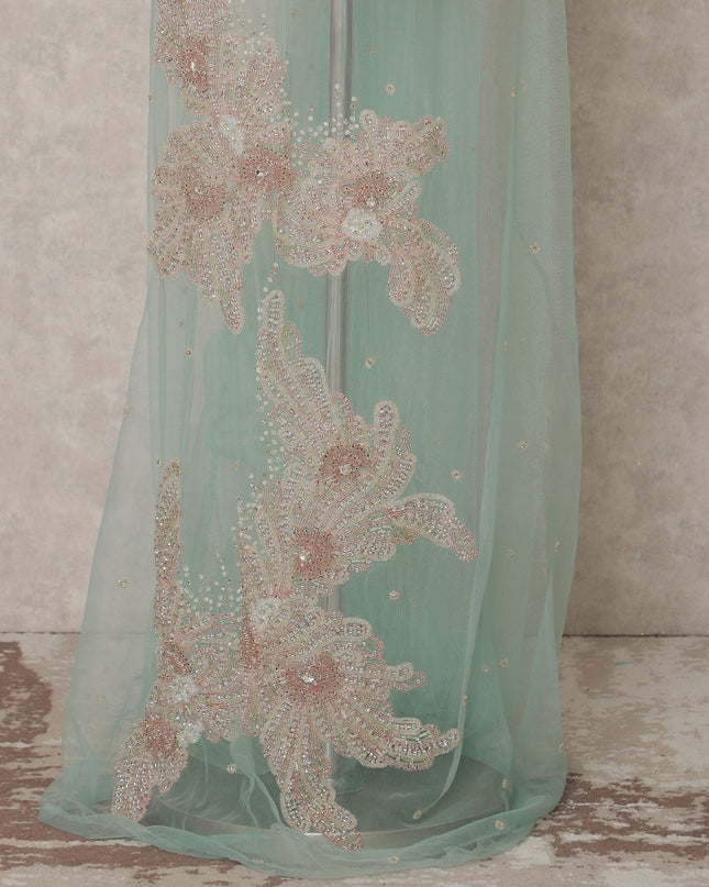 Pastel Mint Floral Sequin and Bead Embroidered Nylon Tulle Fabric, 140 cm Width, Made in India – 3 Meter for Fustaann Dress-D23521