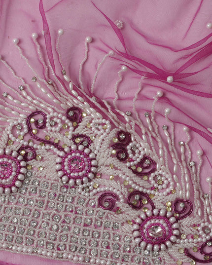 Pink Floral Pearl and Sequin Embroidered Nylon Tulle Fabric, 140 cm Width, Made in India – 3 Meter-D23522