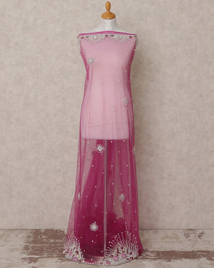 Pink Floral Pearl and Sequin Embroidered Nylon Tulle Fabric, 140 cm Width, Made in India – 3 Meter-D23522