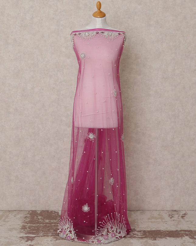 Pink Floral Pearl and Sequin Embroidered Nylon Tulle Fabric, 140 cm Width, Made in India – 3 Meter-D23522