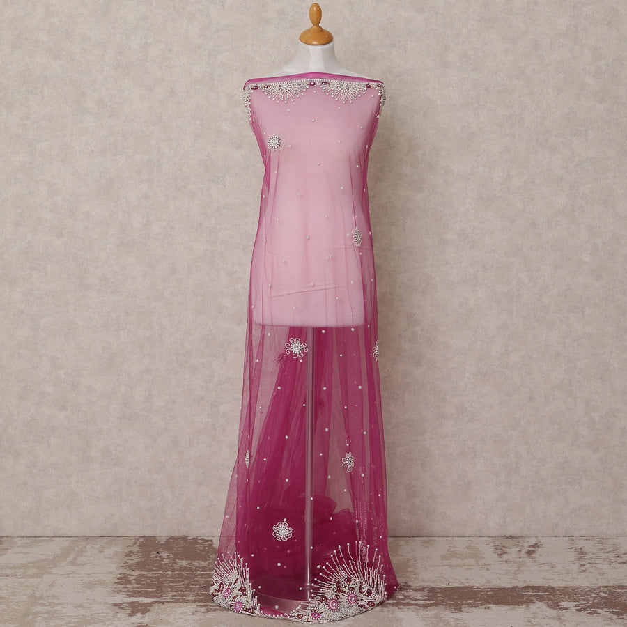 Pink Floral Pearl and Sequin Embroidered Nylon Tulle Fabric, 140 cm Width, Made in India – 3 Meter-D23522