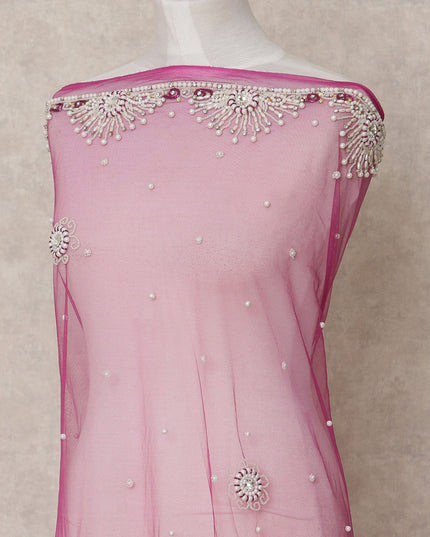 Pink Floral Pearl and Sequin Embroidered Nylon Tulle Fabric, 140 cm Width, Made in India – 3 Meter-D23522