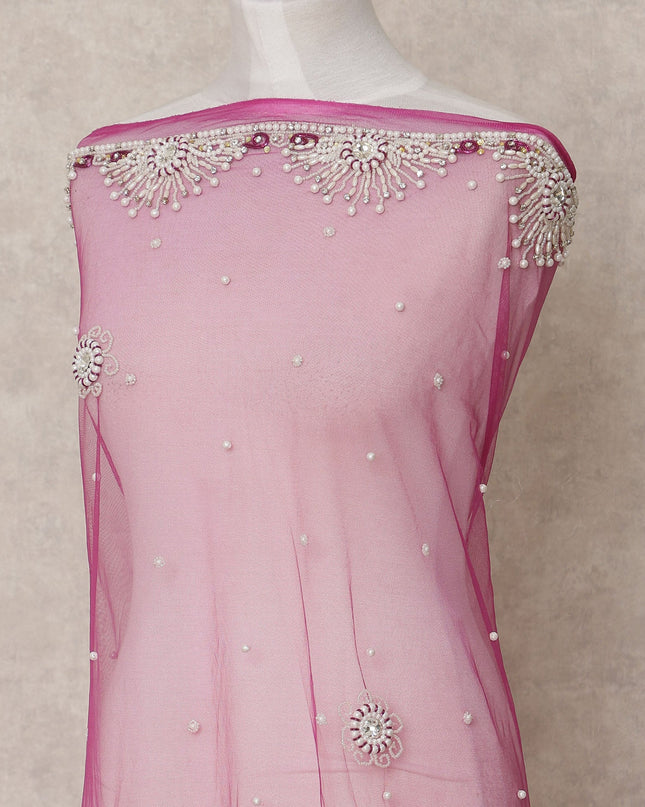 Pink Floral Pearl and Sequin Embroidered Nylon Tulle Fabric, 140 cm Width, Made in India – 3 Meter-D23522