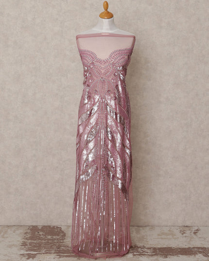 Dusty Rose Linear Sequin Embroidered Nylon Tulle Fabric, 140 cm Width, Made in India – 3 Meter-D23523