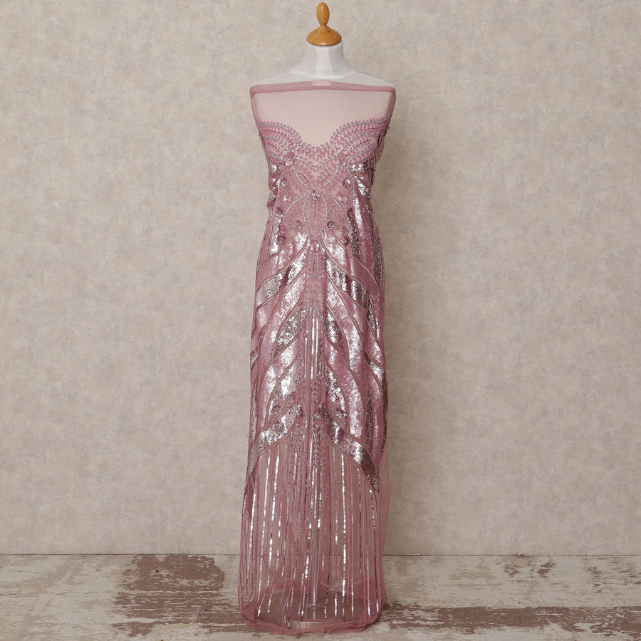 Dusty Rose Linear Sequin Embroidered Nylon Tulle Fabric, 140 cm Width, Made in India – 3 Meter-D23523