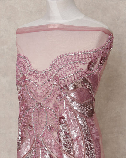 Dusty Rose Linear Sequin Embroidered Nylon Tulle Fabric, 140 cm Width, Made in India – 3 Meter-D23523