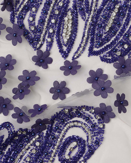 White and Purple 3D Floral and Beaded Embroidered Nylon Tulle Fabric, 140 cm Width, Made in India – 3 Meter-D23524
