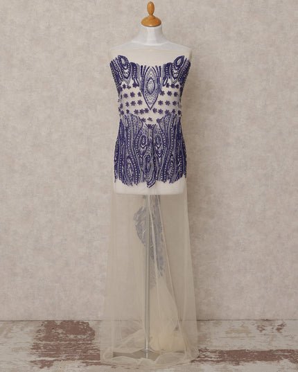 White and Purple 3D Floral and Beaded Embroidered Nylon Tulle Fabric, 140 cm Width, Made in India – 3 Meter-D23524