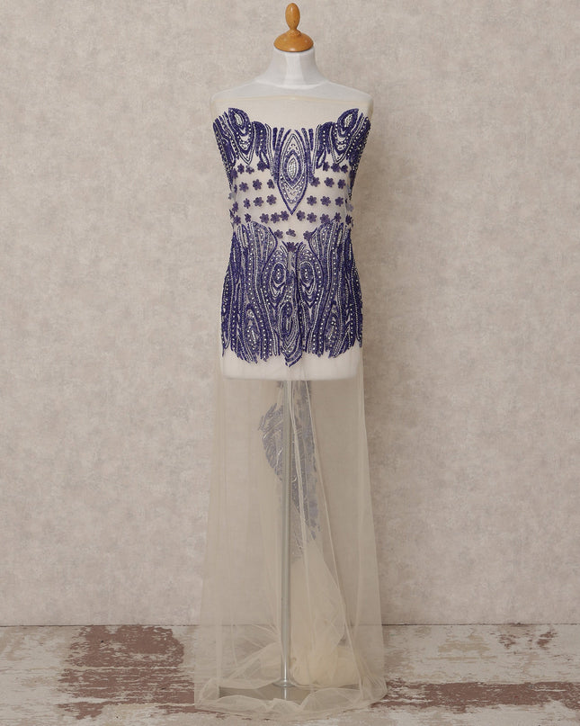 White and Purple 3D Floral and Beaded Embroidered Nylon Tulle Fabric, 140 cm Width, Made in India – 3 Meter-D23524