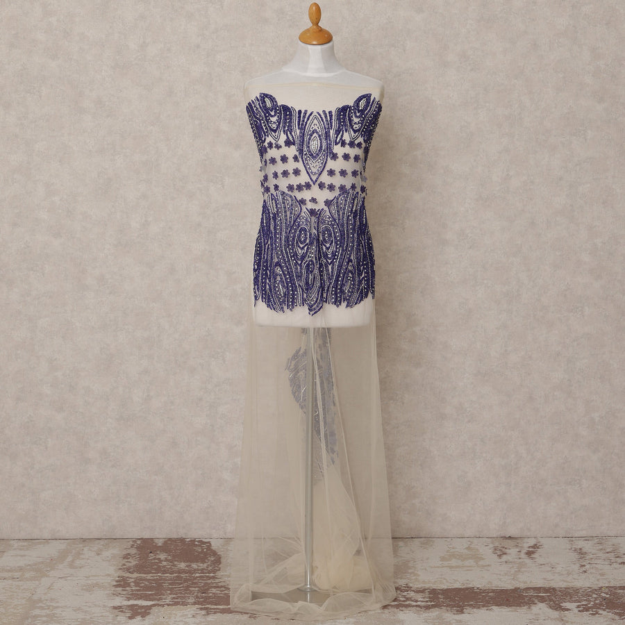 White and Purple 3D Floral and Beaded Embroidered Nylon Tulle Fabric, 140 cm Width, Made in India – 3 Meter-D23524