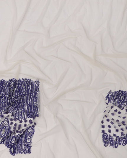 White and Purple 3D Floral and Beaded Embroidered Nylon Tulle Fabric, 140 cm Width, Made in India – 3 Meter-D23524