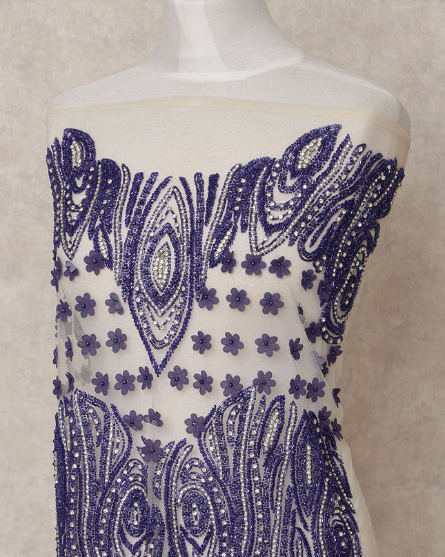 White and Purple 3D Floral and Beaded Embroidered Nylon Tulle Fabric, 140 cm Width, Made in India – 3 Meter-D23524