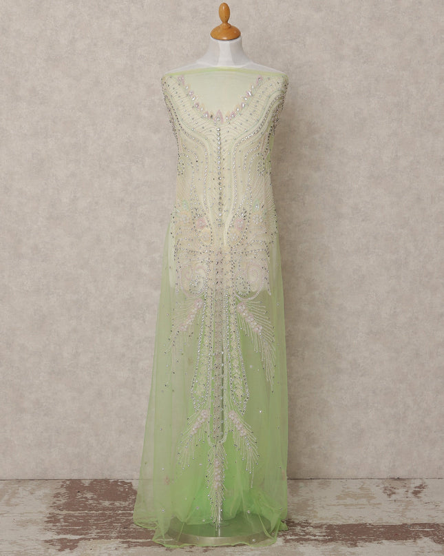 Mint Green Multicolor Sequin and Thread Embroidered Nylon Tulle Fabric, 140 cm Width, Made in India – 3 Meter-D23525