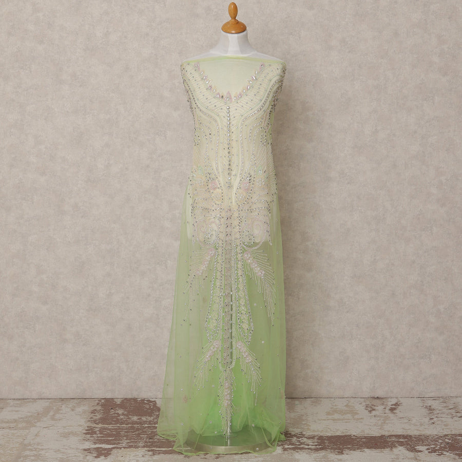 Mint Green Multicolor Sequin and Thread Embroidered Nylon Tulle Fabric, 140 cm Width, Made in India – 3 Meter-D23525