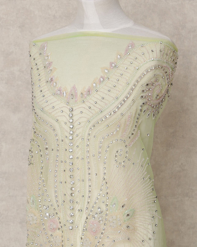 Mint Green Multicolor Sequin and Thread Embroidered Nylon Tulle Fabric, 140 cm Width, Made in India – 3 Meter-D23525