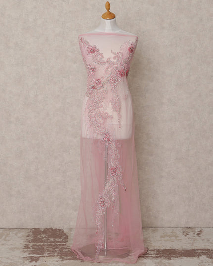 Baby Pink Ornate Beaded and Sequin Embroidered Nylon Tulle Fabric, 140 cm Width, Made in India – 3 Meter-D23526