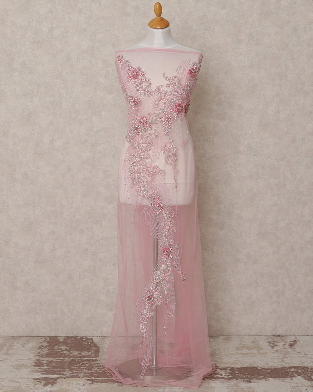 Baby Pink Ornate Beaded and Sequin Embroidered Nylon Tulle Fabric, 140 cm Width, Made in India – 3 Meter-D23526