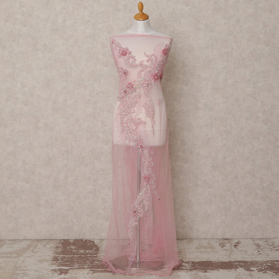 Baby Pink Ornate Beaded and Sequin Embroidered Nylon Tulle Fabric, 140 cm Width, Made in India – 3 Meter-D23526