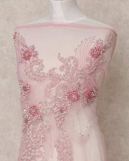 Baby Pink Ornate Beaded and Sequin Embroidered Nylon Tulle Fabric, 140 cm Width, Made in India – 3 Meter-D23526