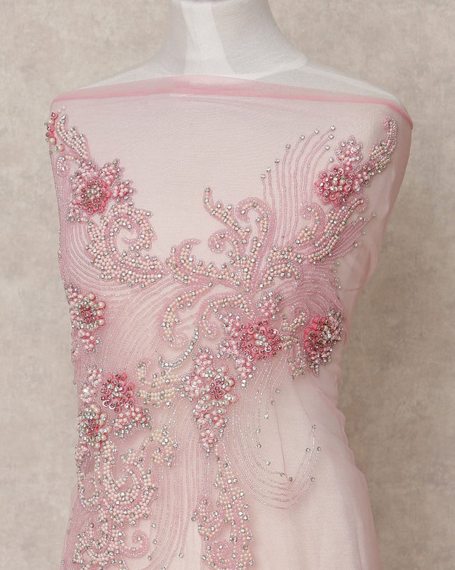 Baby Pink Ornate Beaded and Sequin Embroidered Nylon Tulle Fabric, 140 cm Width, Made in India – 3 Meter-D23526