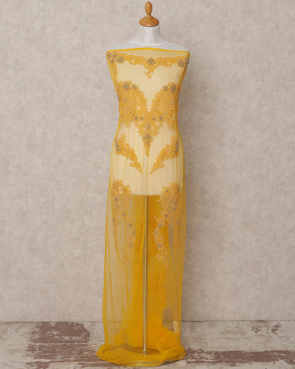 Golden Yellow Floral Beaded Embroidered Nylon Tulle Fabric, 140 cm Width, Made in India – 3 Meter-D23527