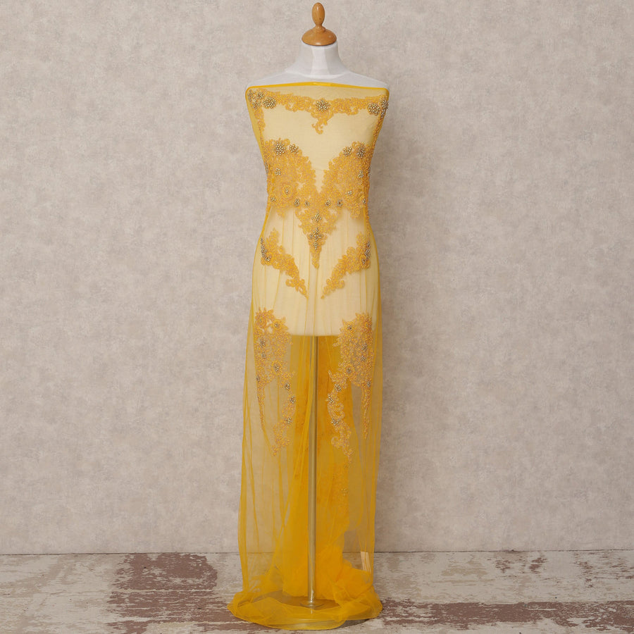 Golden Yellow Floral Beaded Embroidered Nylon Tulle Fabric, 140 cm Width, Made in India – 3 Meter-D23527