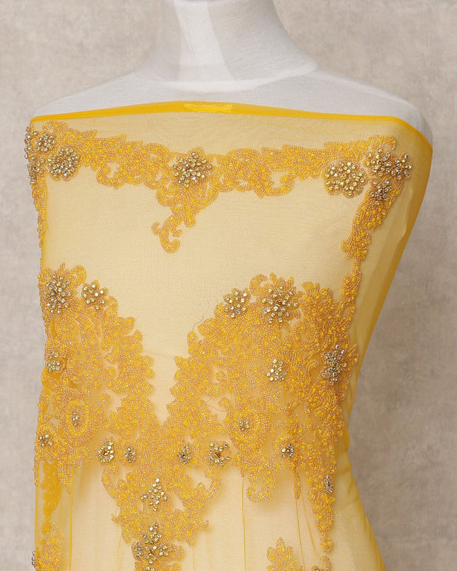 Golden Yellow Floral Beaded Embroidered Nylon Tulle Fabric, 140 cm Width, Made in India – 3 Meter-D23527