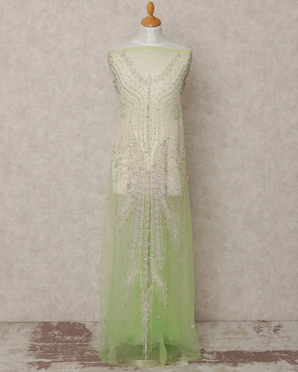 Light Pistachio Sequin and Multicolor Thread Embroidered Nylon Tulle Fabric, 140 cm Width, Made in India – 3 Meter-D23528