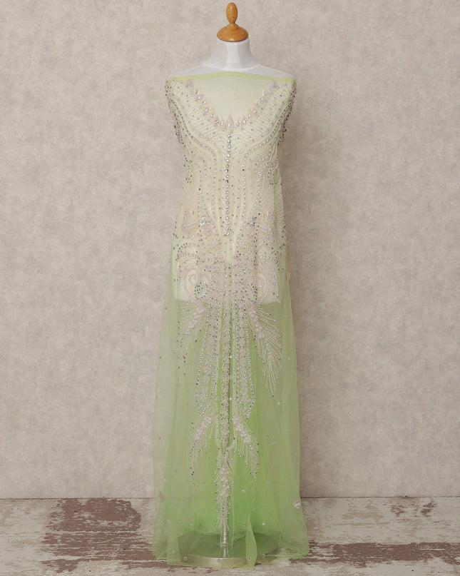 Light Pistachio Sequin and Multicolor Thread Embroidered Nylon Tulle Fabric, 140 cm Width, Made in India – 3 Meter-D23528