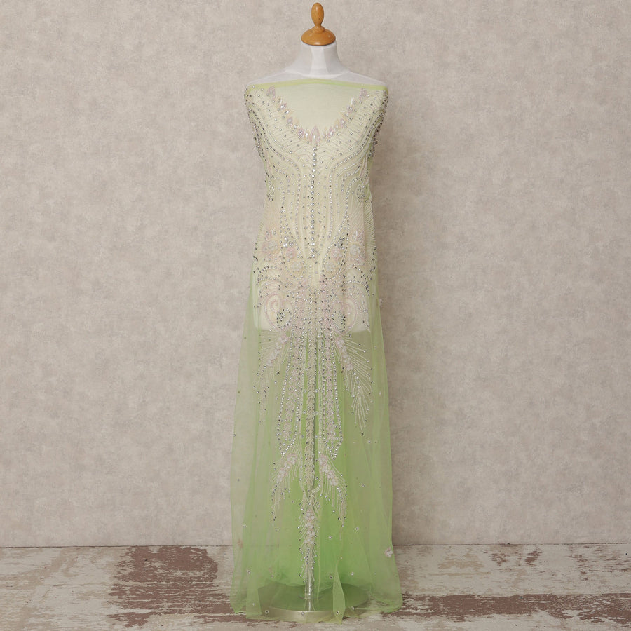 Light Pistachio Sequin and Multicolor Thread Embroidered Nylon Tulle Fabric, 140 cm Width, Made in India – 3 Meter-D23528