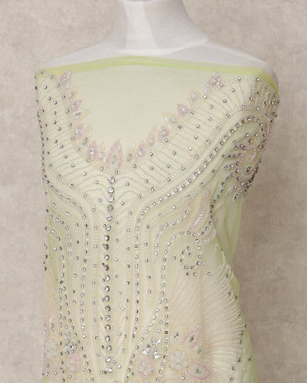 Light Pistachio Sequin and Multicolor Thread Embroidered Nylon Tulle Fabric, 140 cm Width, Made in India – 3 Meter-D23528