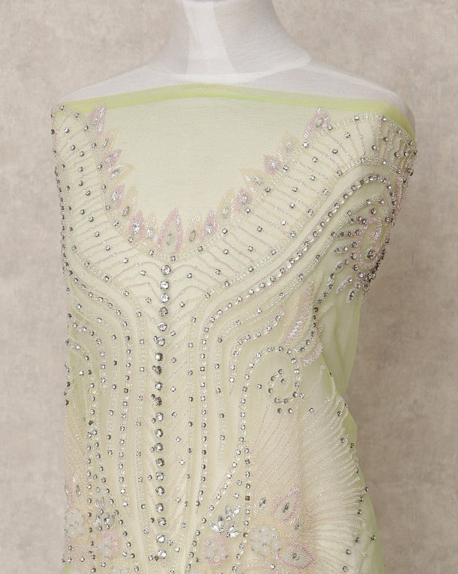 Light Pistachio Sequin and Multicolor Thread Embroidered Nylon Tulle Fabric, 140 cm Width, Made in India – 3 Meter-D23528