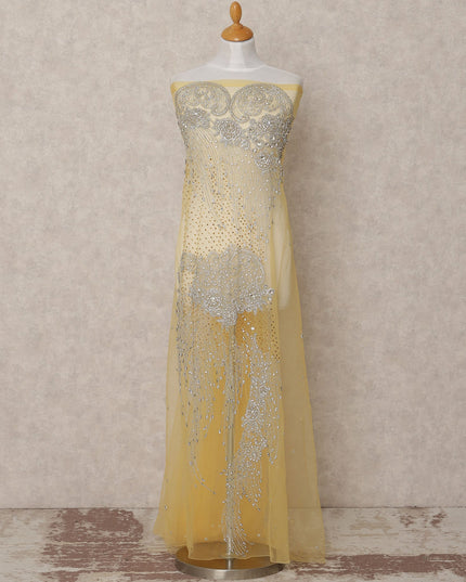 Champagne Gold Crystal and Sequin Embroidered Nylon Tulle Fabric, 140 cm Width, Made in India – 3 Meter-D23529