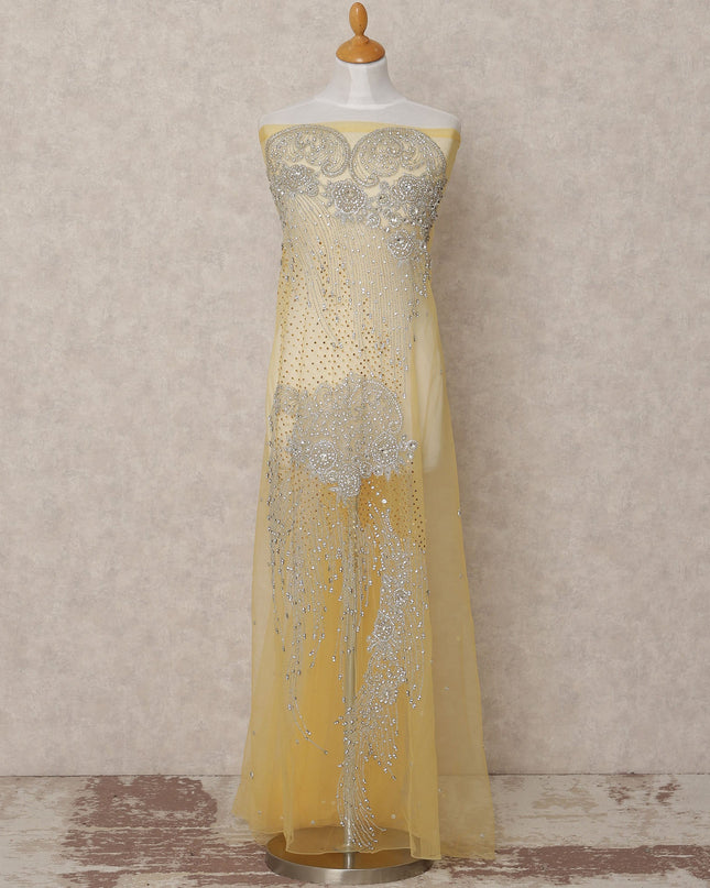 قماش نايلون تول مطرز بالكريستال والترتر بلون الشمبانيا الذهبي، عرض 140 سم، صنع في الهند - 3 أمتار - D23529