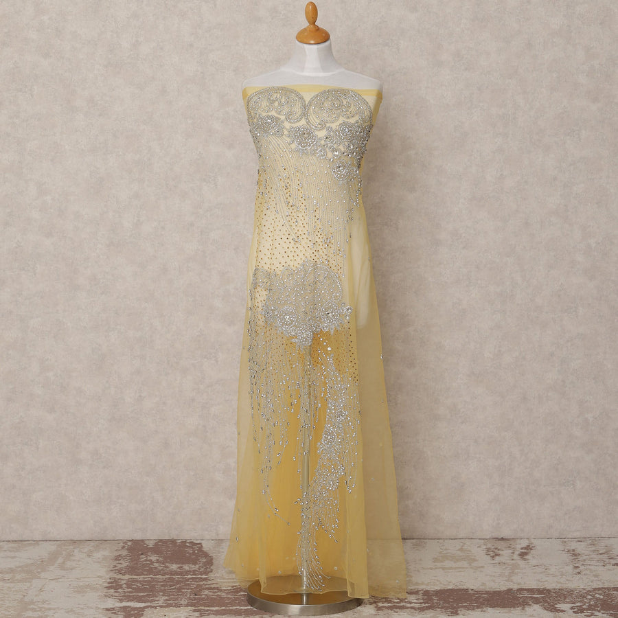 Champagne Gold Crystal and Sequin Embroidered Nylon Tulle Fabric, 140 cm Width, Made in India – 3 Meter-D23529