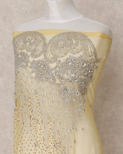 Champagne Gold Crystal and Sequin Embroidered Nylon Tulle Fabric, 140 cm Width, Made in India – 3 Meter-D23529