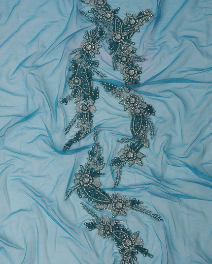 Sky Blue Floral Beaded and Sequin Embroidered Nylon Tulle Fabric, 140 cm Width, Made in India – 3 Meter-D23530