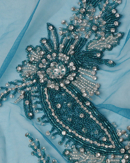 Sky Blue Floral Beaded and Sequin Embroidered Nylon Tulle Fabric, 140 cm Width, Made in India – 3 Meter-D23530