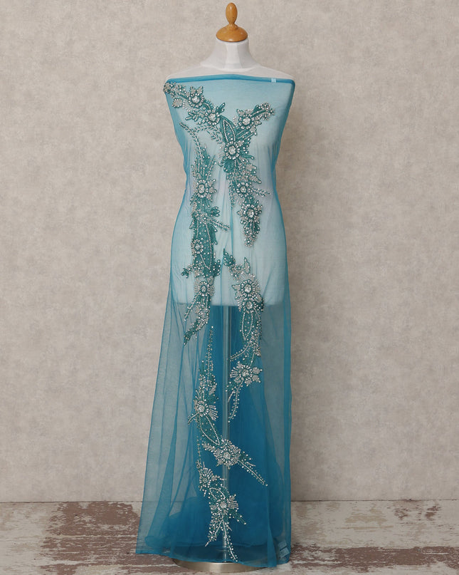 Sky Blue Floral Beaded and Sequin Embroidered Nylon Tulle Fabric, 140 cm Width, Made in India – 3 Meter-D23530