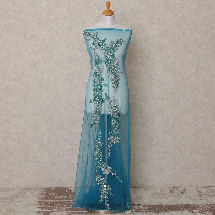 Sky Blue Floral Beaded and Sequin Embroidered Nylon Tulle Fabric, 140 cm Width, Made in India – 3 Meter-D23530