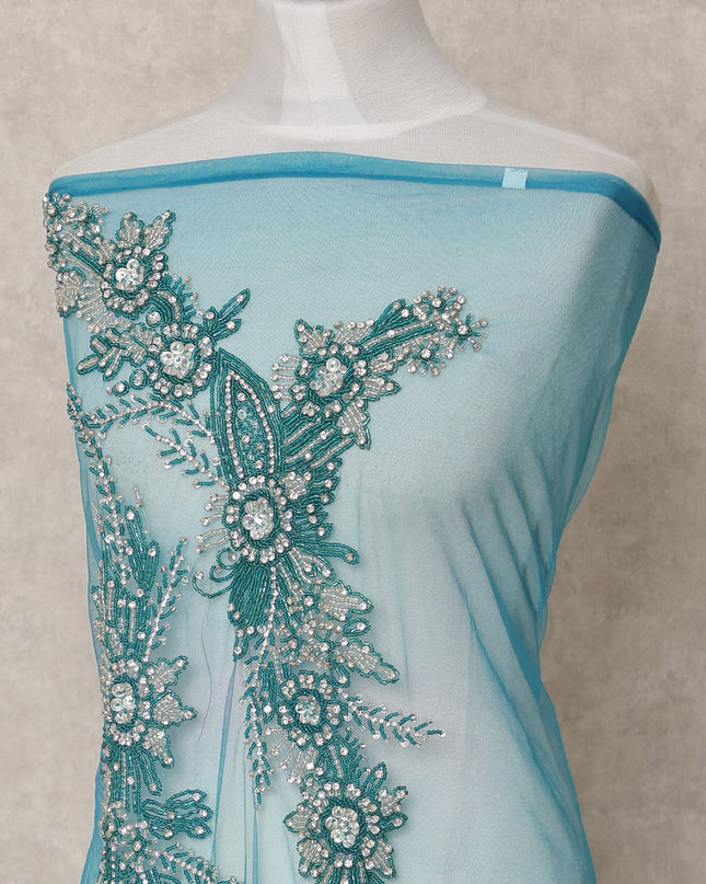 Sky Blue Floral Beaded and Sequin Embroidered Nylon Tulle Fabric, 140 cm Width, Made in India – 3 Meter-D23530