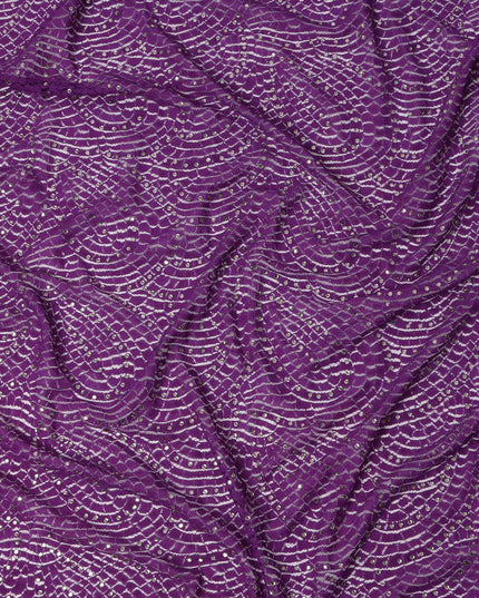 Purple Wave Sequin and Net Pattern Embroidered Nylon Tulle Fabric, 140 cm Width, Made in India – 3 Meter-D23531