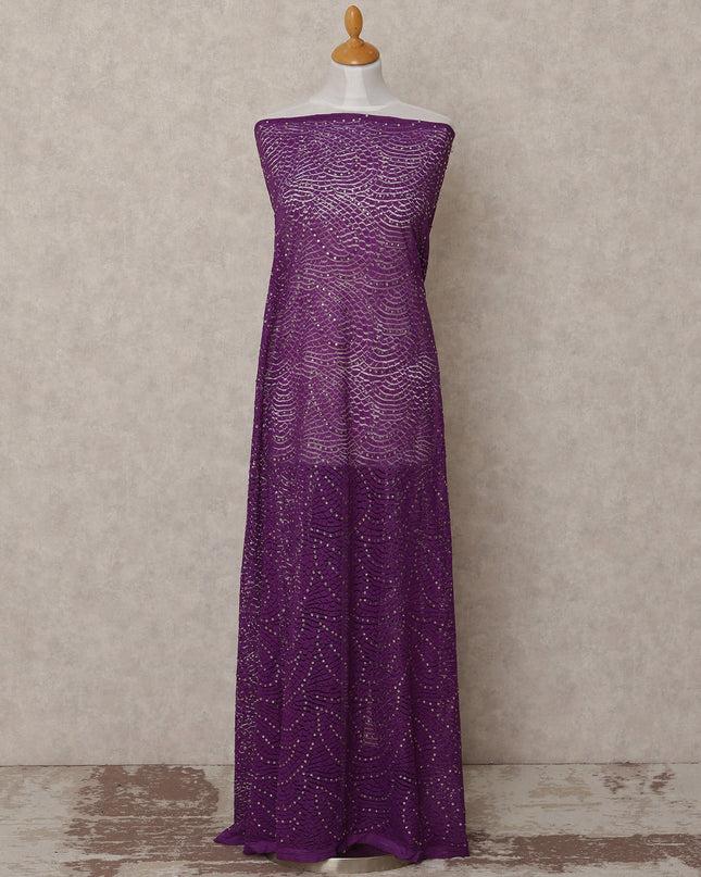 Purple Wave Sequin and Net Pattern Embroidered Nylon Tulle Fabric, 140 cm Width, Made in India – 3 Meter-D23531