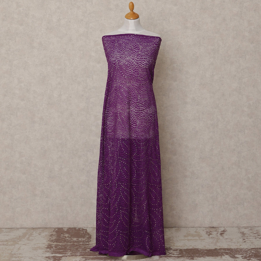Purple Wave Sequin and Net Pattern Embroidered Nylon Tulle Fabric, 140 cm Width, Made in India – 3 Meter-D23531