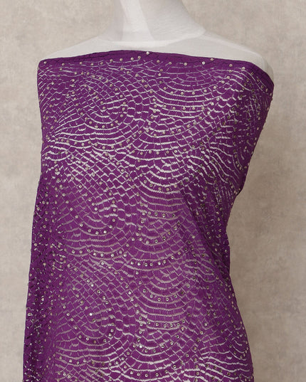 Purple Wave Sequin and Net Pattern Embroidered Nylon Tulle Fabric, 140 cm Width, Made in India – 3 Meter-D23531