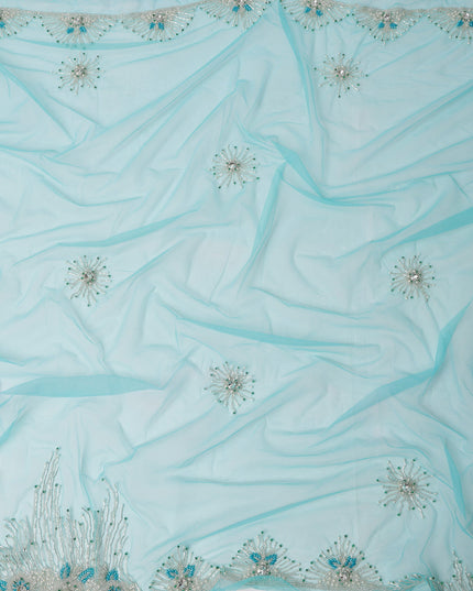 Aqua Blue Starburst Beaded and Border Embroidered Nylon Tulle Fabric, 140 cm Width, Made in India – 3 Meter-D23532