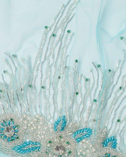 Aqua Blue Starburst Beaded and Border Embroidered Nylon Tulle Fabric, 140 cm Width, Made in India – 3 Meter-D23532